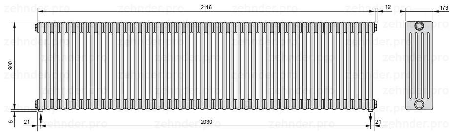 Схема (чертеж) Радиатор Zehnder Charleston 5090/46 №3570 Белый глянцевый RAL 9016